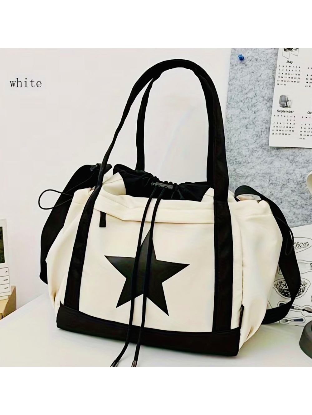 New -Fun & Stylish Large Capacity Star Print Design Tote Bag - White/Black